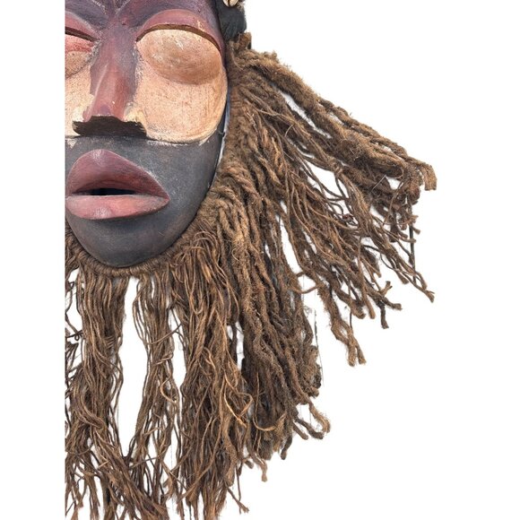 Dan African Tribal Mask With Raffia Hair & Cowrie Shells Decor - Picture 6 of 16